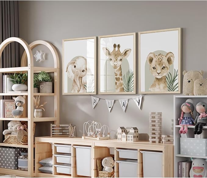 Animal Wall Art Pictures Baby Nursery Canvas Wall Art Decor Safari Animal Prints Jungle kids Wall Art Woodland Nursery Wall Decor Giraffe Jungle Poster for Room 16x24 Inch Wood Framed Set of 3