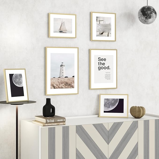 8x10 inch Metal Picture Frame - 8 x 10 Thin Aluminum Photo Frames with 5x7 Removable Mat - High Definition Plexiglass - Ideal for Wall or Tabletop Display - Wall Hook Hanging Hardware Included - Gold, Set of 4