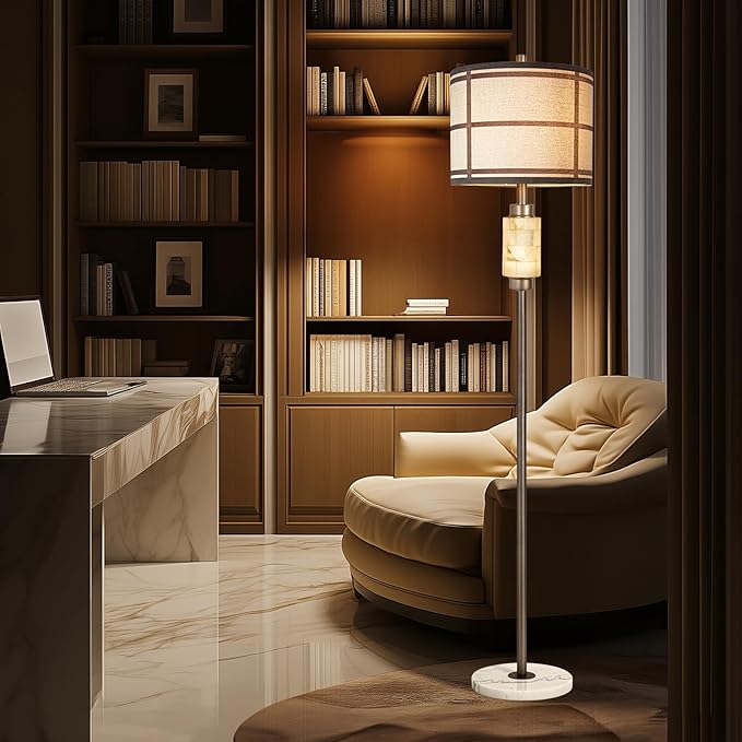 Natural Alabaster Floor Lamp, Lamps for Bedroom, Tall Lamp with Night Light, Marble Base, Linen Shade,Living Room Lamp, Standing Lamp for Living Room Bedroom Office - Brown (Bulb Included)