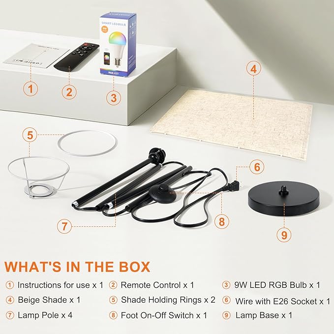 FRIDEKO HOME Floor Lamps for Living Room, Dimmable 3 Colors Temperature, Modern Corner Floor Lamp with Remote, Tall LED Standing Lamps for Kid Room Bedroom, Foot Switch, Beige Shade, 9W Smart Bulb