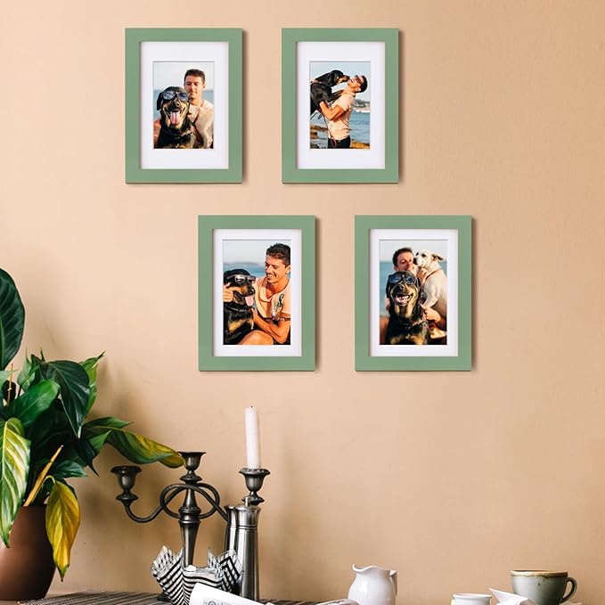 Egofine 5x7 Picture Frame 4PCS Made of Solid Wood, Display Pictures 3.5x5/4x6 with Mat or 5x7 Without Mat Covered by Plexiglass for Table Top Display and Wall Mounting Photo Frame, Green