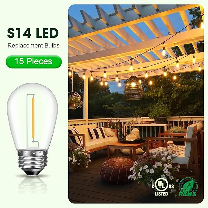LED S14 Replacement Light Bulbs for Outdoor String Lights, 1W Shatterproof Edison Light Bulbs for Outside Patio Garden, E26 Standard Base, Dimmable, 2200K Warm White, 15 Pack