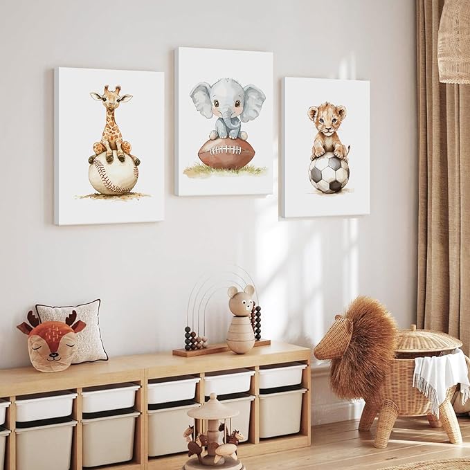 Sports Nursery Wall Art Baby Boys Room Canvas Pictures Safari Animal Wall Decor Jungle Nursery Prints Kids Poster Cute Painting Football Soccer Baseball Artwork for Bedroom 16x24x3 Inch Ready to Hang