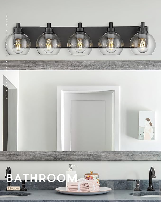 Bathroom Light Fixtures, 5 Light Matte Black Vanity Light, 32 Inch Modern Wall Sconces with Globe Clear Glass Shade, Vanity Lighting Fixtures Over Mirror, VL195-MB-CL-5