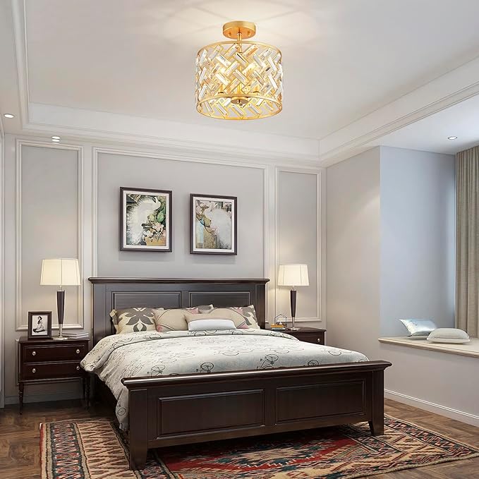 Shrine Lighting Crystal Ceiling Light, Gold Crystal Chandelier for Living Room, D12'' x H11.2'', E12*3 Sockets, Ctystal Lampshade & Gold Finish Frame