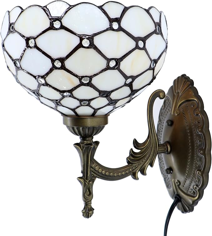 Tiffany Sconce Lamp Stained Glass Wall Lamp,8X10.5X11 Inch Plug in Wall Bedside Light for Hallway Bedroom (Cream Bead)