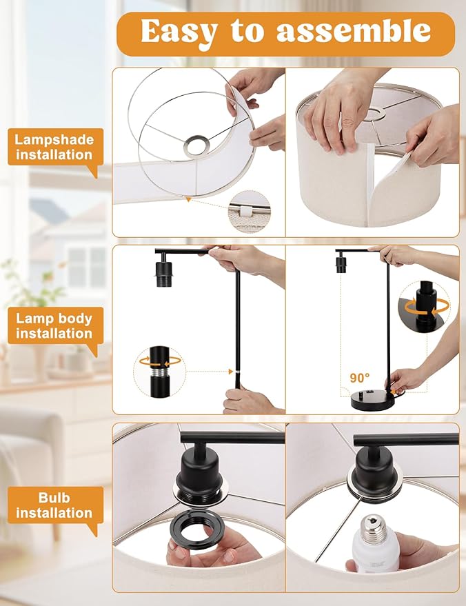 Wood Tall Table Lamp with USB Port and Outlet, Dimmable Nightstand Bedside Lamps with Linen Lampshade, Desk Lamp for Bedroom, Living Room, Guest Room, Home Office, LED Bulb Included