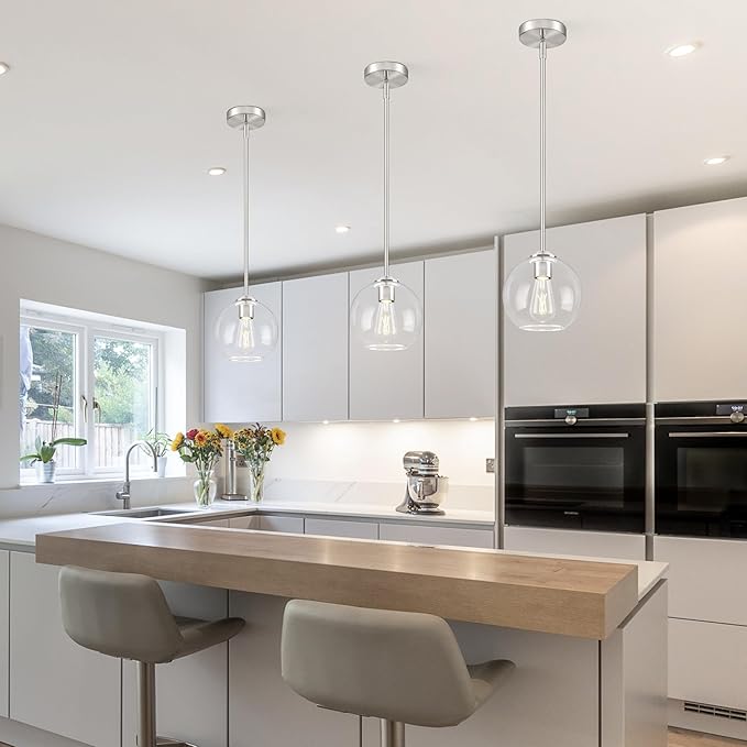 7 Inch Nickel 2-Pack Modern Pendant Lights Kitchen Island Mid Century Modern Pendant Light Fixtures with Clear Glass Globe Modern Hanging Pendant Light for Bathroom Bedroom (Bulb Incl)