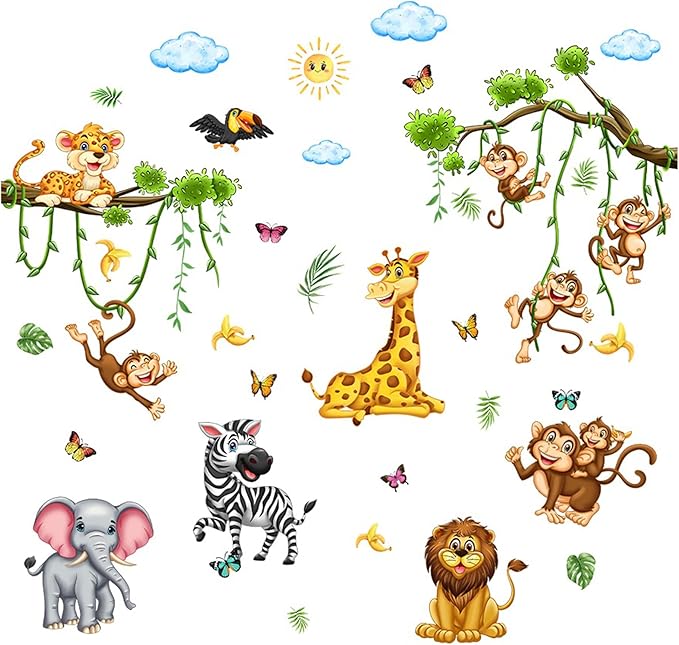 Cute Jungle Theme Wall Stickers Removable Animal Forest Wall Decals Elephant Monkey Lion Giraffe Zebra Peel and Stick Tropical Wall Art Decor for Nursery Bedroom Classroom (Colourful)