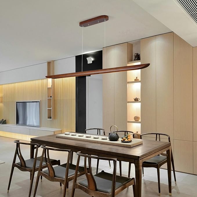 71" Wood Linear Pendant Light, Dimmable Kitchen Island Lighting with Remote, 40W LED Island Lights for Kitchen, Adjustable Linear Chandelier for Dinning Room Light Fixture, Bar, Pool Table Light