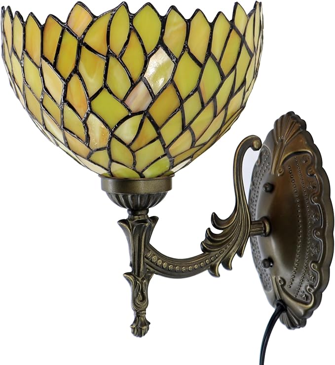 Tiffany Sconce Lamp Stained Glass Wall Lamp,8X10.5X11 Inch Plug in Wall Bedside Light for Hallway Bedroom (Yellow Wisteria)
