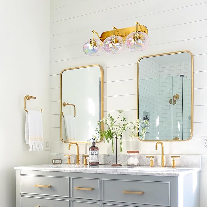 23" Brushed Gold Vanity Light Stained Hammered Glass Wall Sconce 3-Light Brass Wall Lamp for Hallway Living Room Stairwell Bathroom Over Mirror (Brass Gold, 3-Light)