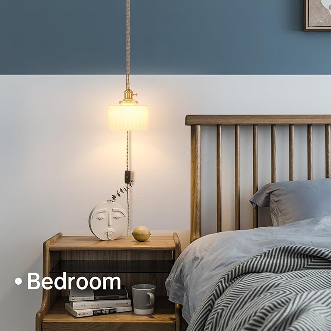 Plug in Pendant Light Hanging Light Fixture Corded On/Off Switch Brass Pendant Light with White Striped Glass Lampshade for Bedroom Living Room Kitchen Island