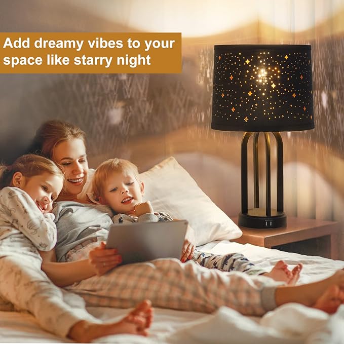 Black Drum Lampshades Set of 2 With Sky Stars Design, 11.6" x 12.6" x 9.8" for Table Lamp, Floor Lamp, Pendant Light - Easy Assembly Required