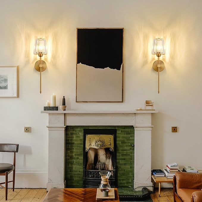 Crystal Wall Sconces Set of 2, Dimmable Wall Sconce with Plug in Cord and Dimmer Gold Plug in Wall Lamp Wall Mounted Light with Crystal Shade for Living Room Bedroom Vanity Light, Bulbs Included