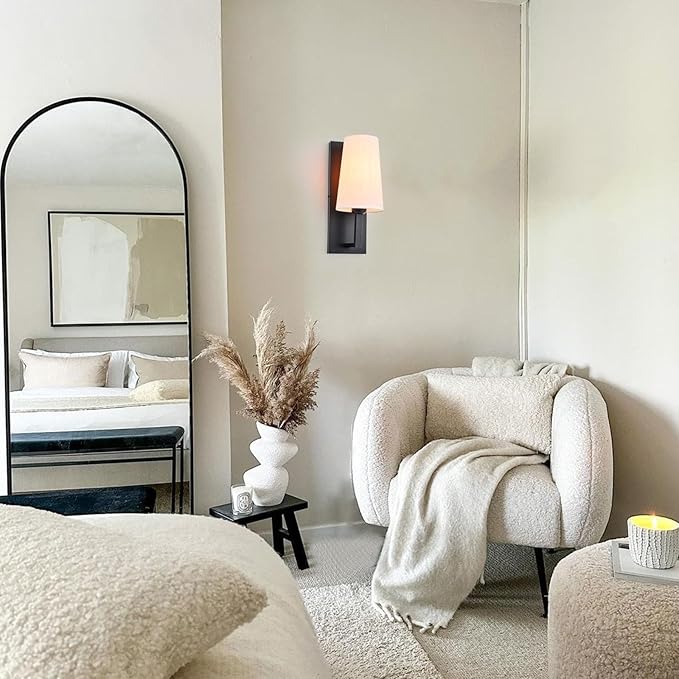 Black Wall Sconces, Farmhouse Hardwired Wall Mounted Lamp with Linen Fabric Shade, Modern Indoor Textile Vanity Sconce Wall Lighting Reading Light Fixture for Bedside Bedroom Living Room Hallway