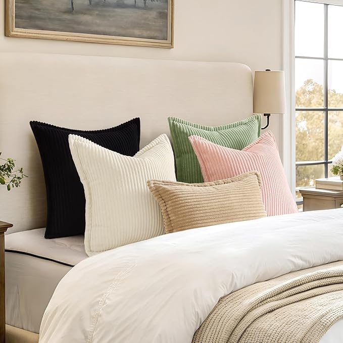 decorUhome Corduroy Black Throw Pillow Covers 22x22 Set of 2 Decorative Soft Boho Farmhouse Euro Couch Pillow Covers for Living Room Bed Sofa Broadside Striped Pillow Cases