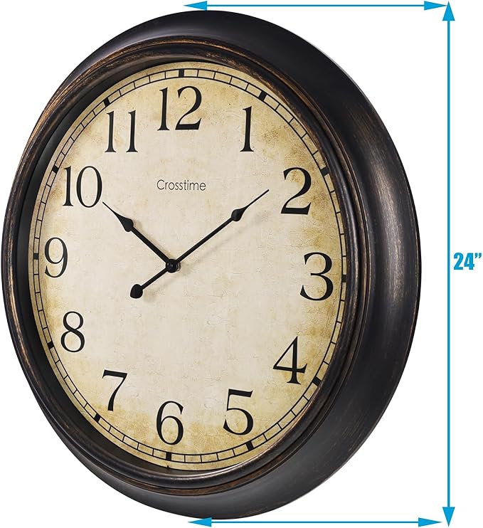 24 Inch Wall Clock Battery Operated Silent Vintage Large Wall Clocks for Living Room Fireplace Decor,Black-Brown