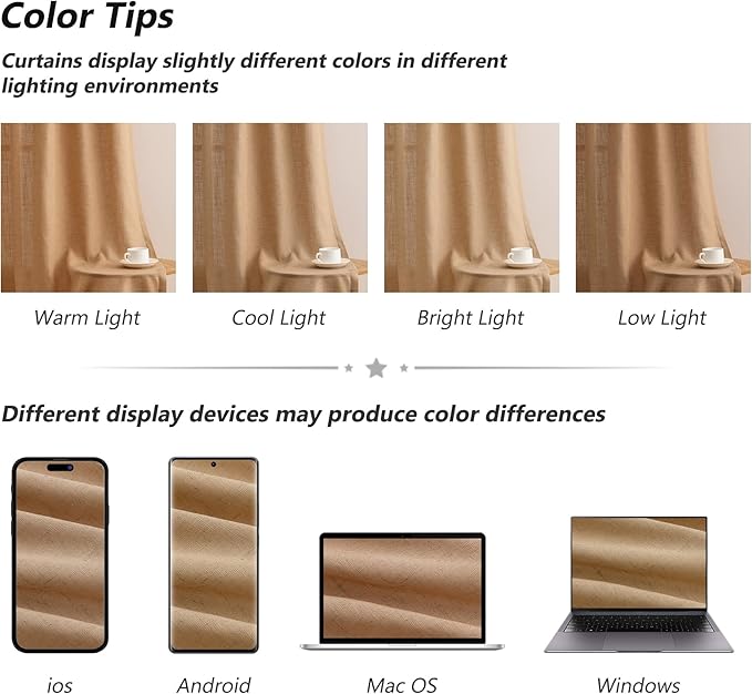 Guken Camel Brown Linen Curtains 108 Inches Long 2 Panel Set Rod Pocket Semi Sheer Dining Room Cozy Bedroom Decor Cotton Look Country Rustic Farmhouse Boho Curtains 52x108