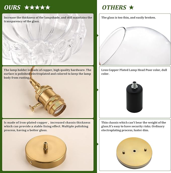 Pendant Light with Clear Scindapsus Glass Lmapshade, Brass Vintage Pendant Light Adjustable Hanging Light for Kitchen Island Dining Room Hallway