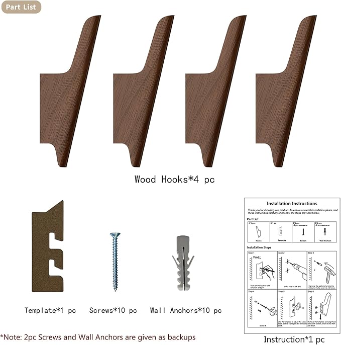 Wooden Wall Hooks 4 Pack Coat Hooks Mounted Walnut Wooden Hooks for Wall Hanging Hat, Towel, Bag, Backpack, Decorative Wood Heavy Duty Hook for Entryway and Bathroom (Walnut, Dark)