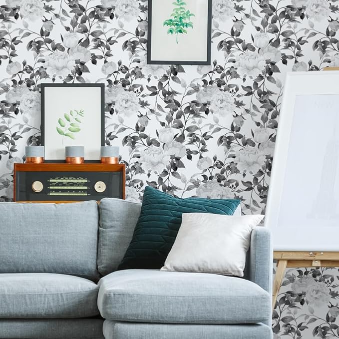 Floral Wallpaper Peel and Stick Black and White Wallpaper Self Adhesive Removable Vinyl Flower Contact Paper for Decorative Bedroom Home Wall (17.7"x118.1")