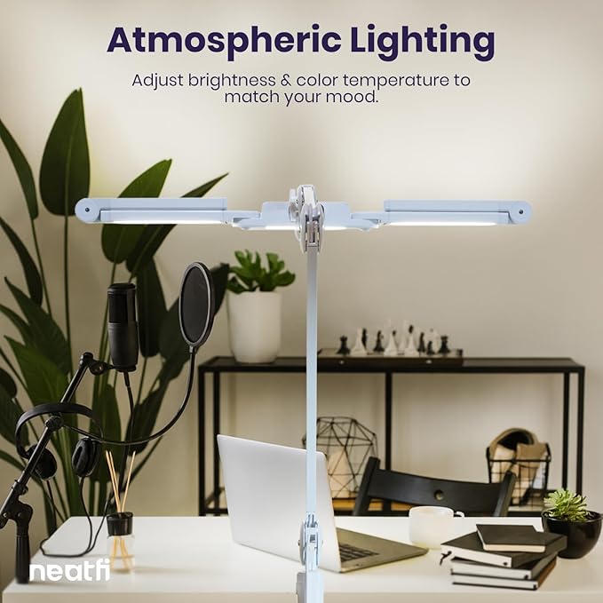 (New Model) Neatfi 3,000 Lumens LED Desk Lamp, Dimmable Light with 360 SMD LEDs, 30W, CRI 95, Adjustable Color Temperature, Task Lamp for Home, Office, and Workbench (CCT with Clamp, White, 44 Inches)