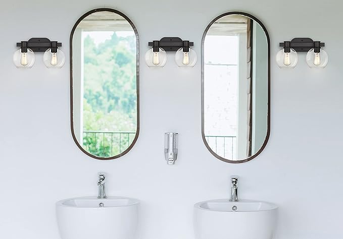 Dan Modern Farmhouse 2-Light Vanity Light Wall Sconce Lighting with Clear Glass Globe Shade in Light Black Finish for Bedroom, Hallway, Kitchen