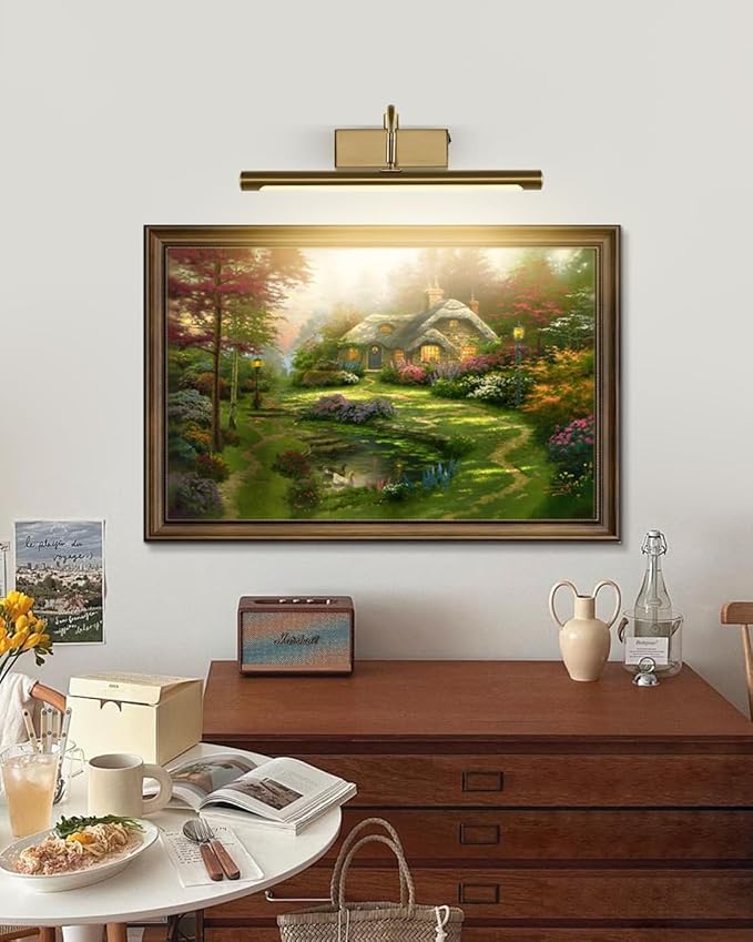 Joosenhouse Battery Operated Picture Light Wireless Gallery Lights 5000mAh Rechargeable Wall Light with Remote Control Dimmable and Timer Off 15Inch Brass Color