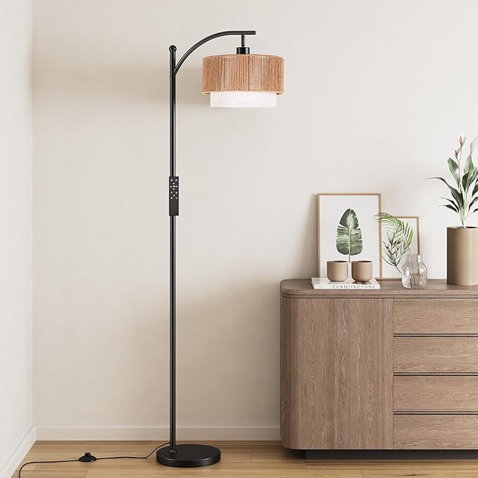 SUNMORY Floor Lamps for Living Room with 12W Remote and Dimmable Bulb, LED Arc Lamp, Farmhouse Floor Lamps with Adjustable Rattan & Fabric Shades, Boho Standing Lamp for Bedroom, Corner, Home Decor