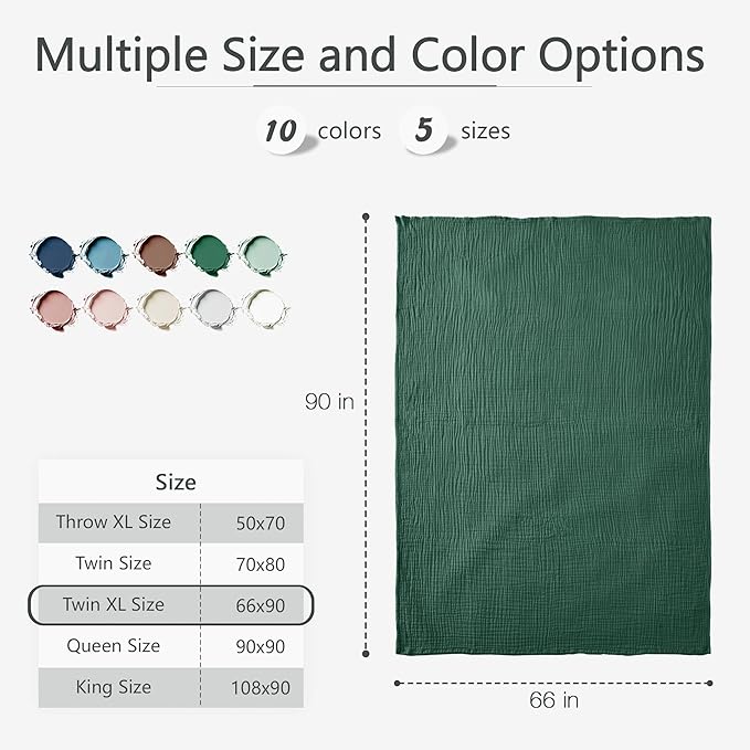 Carriediosa 100% Cotton Muslin Throw Blanket 66" X 90" Twin XL Size,4-Layers Summer Gauze Throws for Bed Couch,Soft Lightweight Breathable Linen Blankets Bedspread for Adults All Season,Dark Green