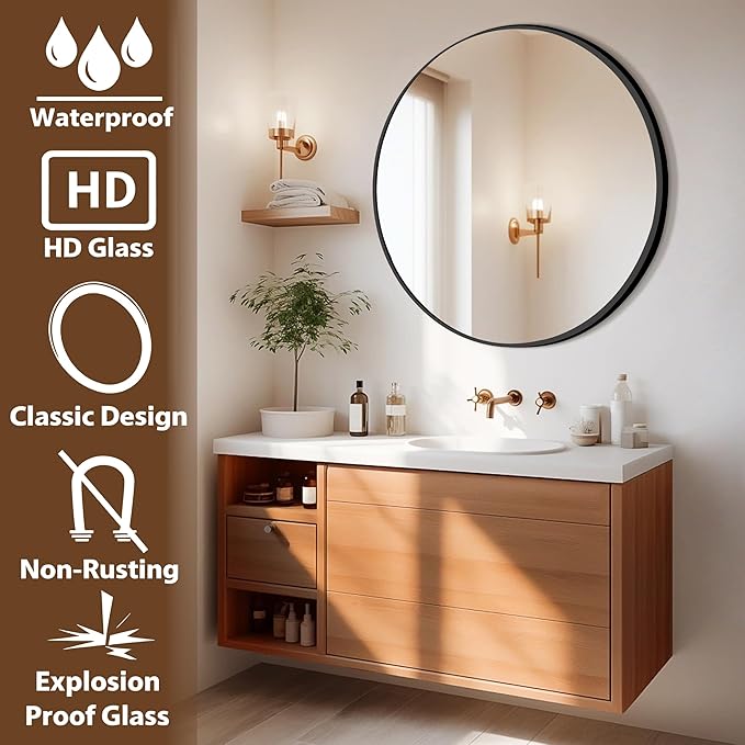 30 Inch Black Round Wall Mirror, Circle Bathroom Mirror with Brushed Metal Frame, Anti-Rust Tempered Glass Vanity Mirror for Bedroom, Entryway, Living Room Farmhouse Decor