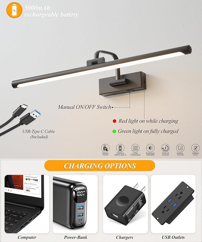 Picture Lights for Wall Battery Operated, Rechargeable Light for Pictures with Remote & Timer, Black Art Light for Paintings 24 Inch Wireless Dimmable Cordless Gallery Lights with 3 Color Temperatures