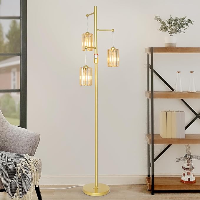 Boho Gold Crystal Floor Lamp, 3 Lights Vintage Dimmable Standing Lamp with Amber Crystal Shade, Dimmer Switch, Mid Century Modern Tree Lamp, 65IN Brass Tall Corner Lamps for Living Room Bedroom