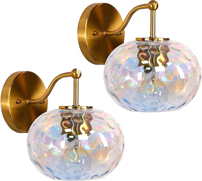 Brushed Gold Vanity Light Set of 2 Stained Hammered Glass Wall Sconce 1-Light Brass Wall Lamp for Hallway Living Room Stairwell Bathroom Over Mirror (Brass Gold, 1-Light)