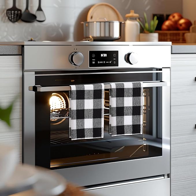 Homaxy 100% Cotton Waffle Weave Check Plaid Kitchen Towels, 20 x 28 Inches, Super Soft and Absorbent Dish Towels for Drying Dishes, 4-Pack, White & Black