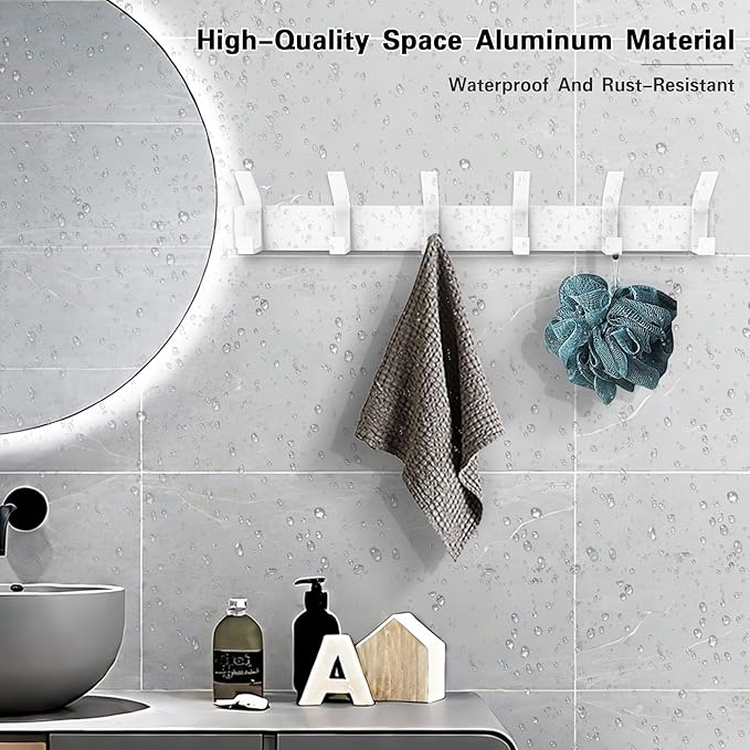 1 Pack Coat Rack Wall Mount,17.3 in Wall Hooks for Hanging, Coat Hanger Wall Mount Towel Rack Hat Rack for Wall with 6 Hooks for Entryway, Bedroom, Bathroom (White, 6 Hooks-1Pack)