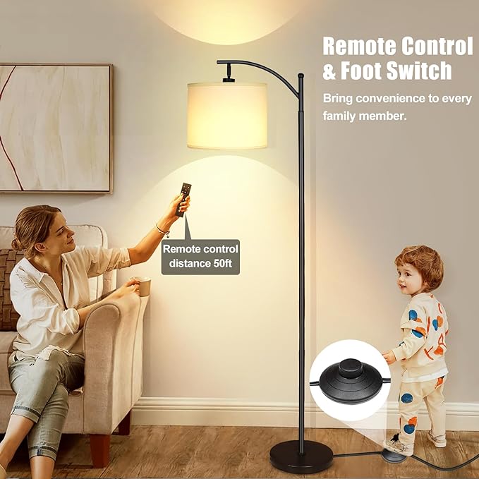 LED Floor Lamps for Living Room, 12W Modern Arc Floor Lamp with Remote & Adjustable Linen Lampshade, Stepless Dimmable Tall Standing Lamp for Bedroom Office Reading (White Shade)