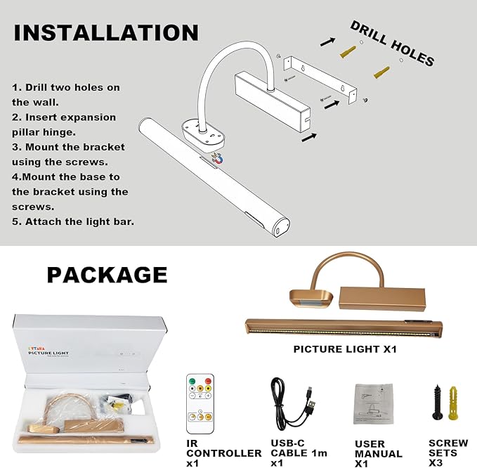 Dimmable Cordless Picture Light with Controller and Timer, Rechargeable 5000mAh Battery Wall Sconce for Wall Pictures, Gallery Artwork, Paintings, Portraits, Dartboards (Gold)