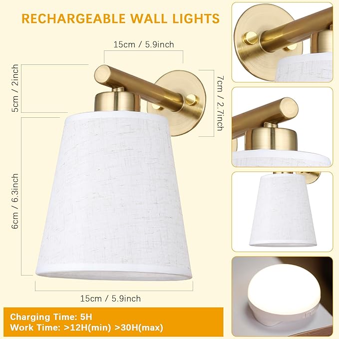 Battery Operated Wall Sconce Set of 2,Gold Rechargeable Wall Lights with Lampshade Dimmable RGB Bulbs and Remote,15 Colors Wireless Wall Lamps for Bedroom Living Room (Gold)