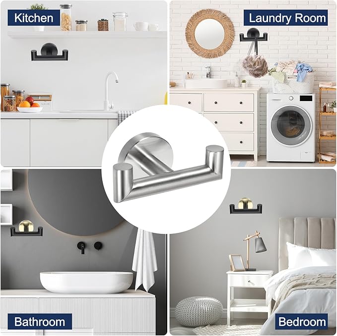 uxcell Double Towel Hook, Stainless Steel Coat Hook, Wall Mount Robe Hooks Hand Towel Hanger for Bathroom Kitchen Living Room, Brushed Silver