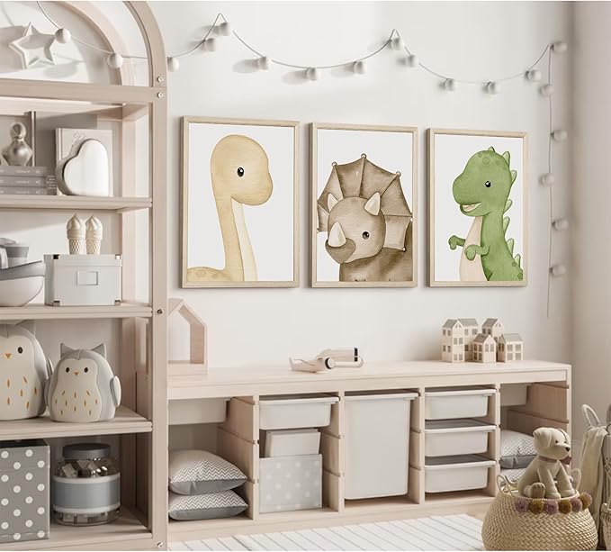 Dinosaur Wall Art Kids Boys Room Canvas Wall Decor Dino Nursery Wall Art Pictures Baby Dinosaur Poster Prints for Boys Bedroom Bathroom 12x16 Inch Wood Framed Set of 3
