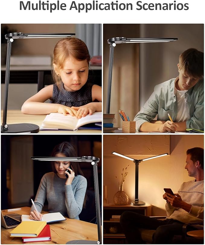 LED Desk Lamps for Home Office, 14W Double Swing Arm LED Desk Lamp with USB Charging Port, Eye-Caring Architect Task Lamp, Desktop Lamp with Night Light Table Light for Work Study Craft with Adapter