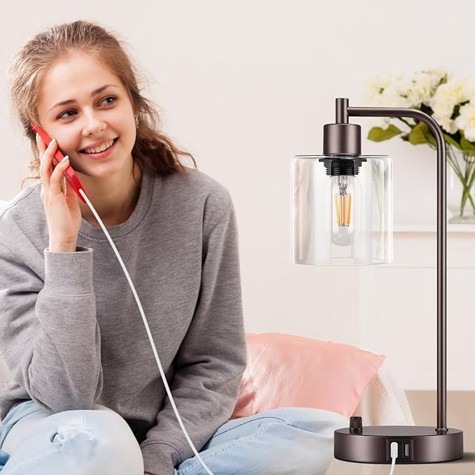 Brown Industrial Table Lamp with 2 USB Charging Ports, Fully Stepless Dimmable Modern Nightstand Lamp, Glass Shade Bedside Desk Lamp for Bedroom Living Room Office, 6W 2700K LED Edison Bulb Included