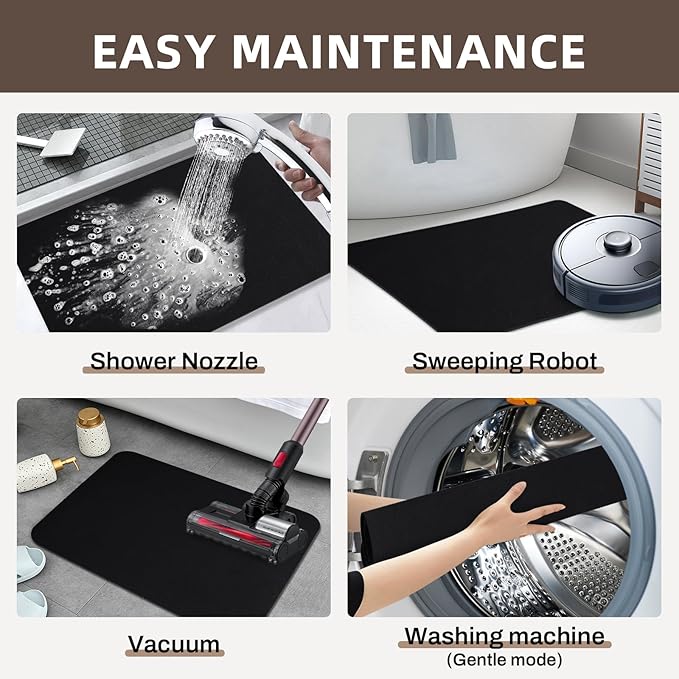 Diatomaceous earth bath mat Bathroom Rugs Sets 3 Piece Super Absorbent Quick Dry Bath Mats, Rubber Non Slip Shower Mat and Toilet Mat U Shape, Shower Rug for in Front of Bathtub Shower, Black