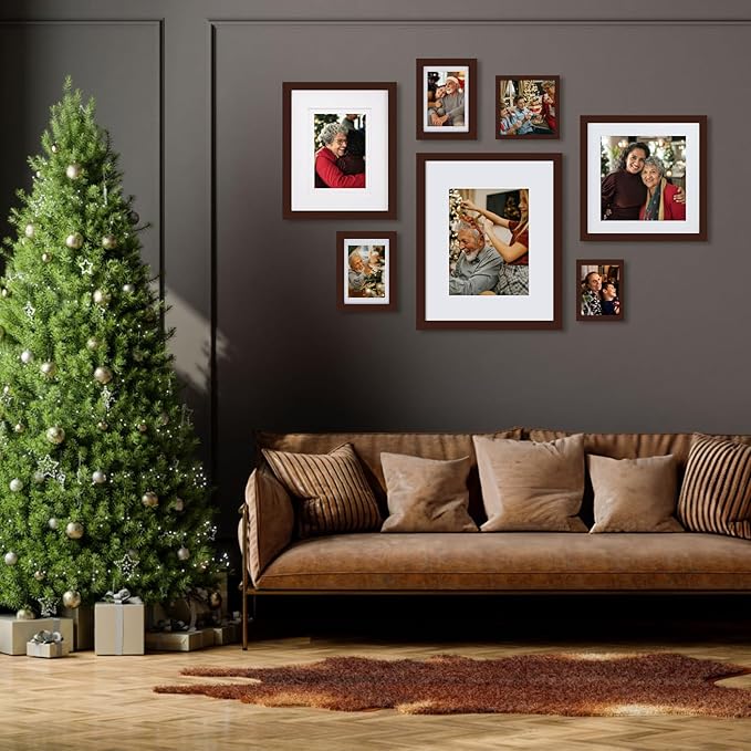 Egofine 8x8 Picture Frames Made of Solid Wood with Plexiglass, Display Pictures 4x4/6x6 with Mat or 8x8 Without Mat Set of 4 for Tabletop and Wall Mounting, Walnut Color