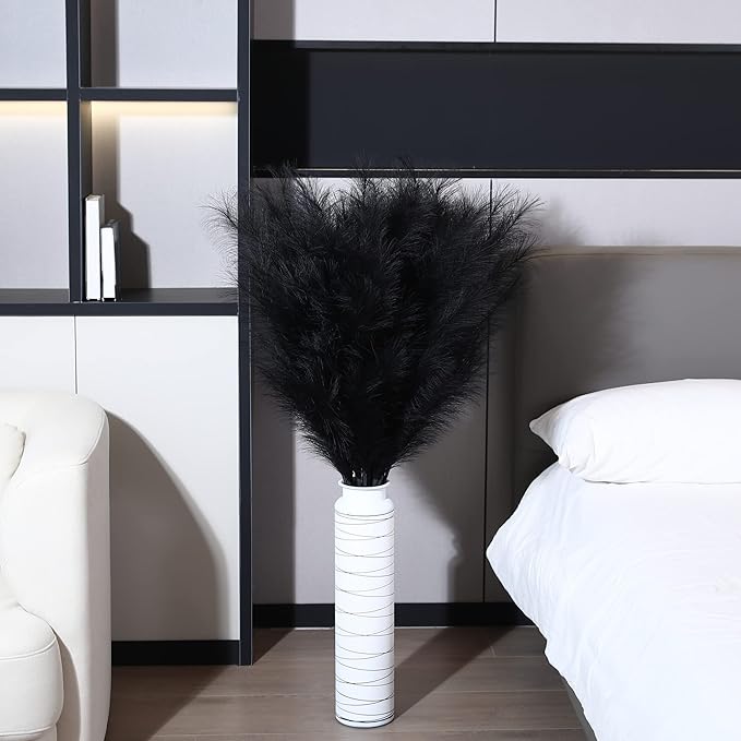 8 Pcs 45 inch Tall Faux Pampas Grass Decor, Large Artificial Black Pompous Grass Bulk, Long Fake Pompas for Floor Vase Filler, Wedding, Baby Shower, Home and Boho Decor (Black)