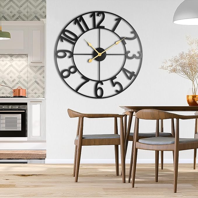 24-Inch Large Wall Clocks for Living Room Decor, Silent Non Ticking Wall Clocks Battery Operated, Decorative Analog Metal Indoor Wall Clock for Kitchen, Bedroom, Office Decor-Gold Hands