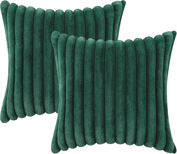 decorUhome Faux Fur Christmas Throw Pillow Covers 18x18 Set of 2, Decorative Soft Plush Striped Neutral Couch Euro Pillow Covers with Velvet Back for Sofa, Bed, Living Room Home Decor, Christmas Green