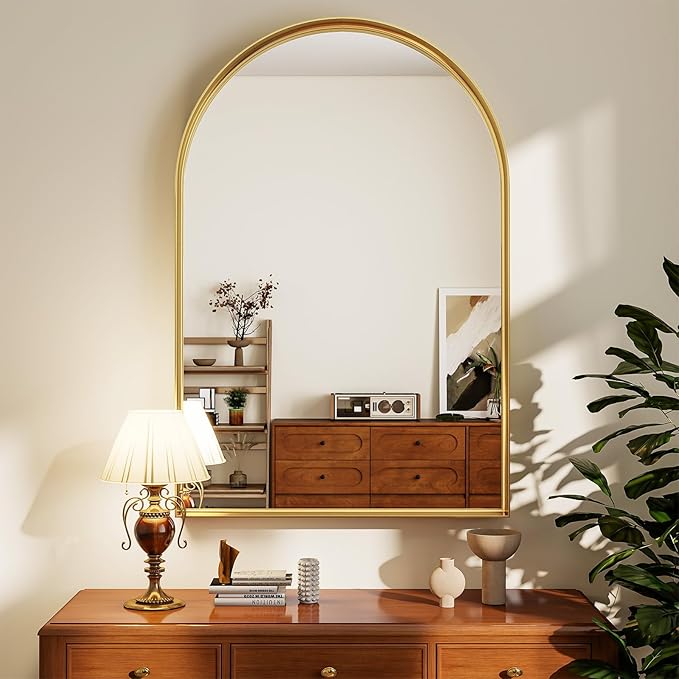 24" x 36" Luxury Arched Bathroom Mirror - Arch Wall Mirror with Shatterproof Tempered Glass and Metal Deep Frame, Hanging or Leaning for Living Room, Dresser, Entrance and Hallway, Gold